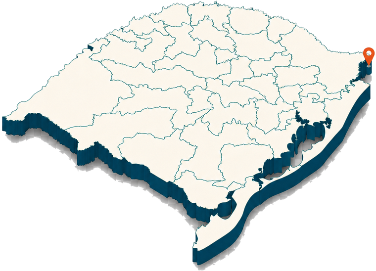 Mapa do Rio Grande do Sul com a localização de Torres, no litoral norte
